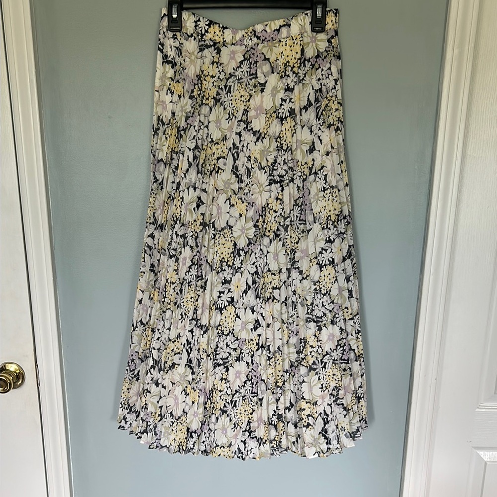 Chaps Pink and Green Pleated A-Line Midi Skirt